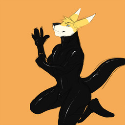 anthro black_latex black_nose blue_eyes bulge clothed clothing dipstick_ears ear_markings fur grin head_tuft kneeling latex latex_clothing latex_skinsuit looking_at_viewer male male_anthro multicolored_ears orange_background simple_background skinsuit smile solo tight_clothing tuft white_body white_fur yellow_body yellow_fur solaxe_(artist) solaxe kangaroo macropod mammal marsupial 1:1