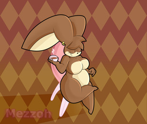 anthro beverage big_breasts breasts candy chocolate coffee coffee_mug dessert ear_piercing female food hot_chocolate pattern_background piercing simple_background slightly_chubby slightly_chubby_female solo thick_thighs mezzoh damian_(mezzoh) lagomorph leporid mammal rabbit absurd_res hi_res
