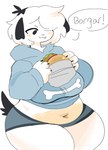 :3 anthro belly big_belly big_breasts biped black_claws black_ears blue_bottomwear blue_clothing blue_hoodie blue_topwear bone bottomwear breasts burger claws clothed clothing curvy_figure cute_fangs dialogue fangs female female_anthro floppy_ears food fur hair hair_over_eye holding_burger holding_food holding_object hoodie huge_breasts humor kemono looking_at_food looking_at_object misspelling narrowed_eyes navel one_eye_obstructed overweight overweight_anthro overweight_female pink_belly short_hair simple_background slightly_chubby slightly_chubby_anthro slightly_chubby_female solo speech_bubble standing teeth text thick_thighs tomboy topwear tuft voluptuous white_background white_body white_fur white_hair puppkittyfan1 pepper_(puppkittyfan1) canid canine canis domestic_dog mammal 2021 digital_media_(artwork) english_text hi_res meme portrait shaded simple_shading three-quarter_portrait