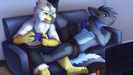 anthro beak black_bottomwear black_clothing blep blue_body blue_eyes blue_fur blue_horn bottomwear closed_smile clothed clothing controller duo electronics fur furniture gaming glistening glistening_eyes gloves_(marking) grey_beak grey_body grey_fur grey_hair hair holding_controller holding_object horn inside leg_markings lying male markings monitor mouth_closed on_back on_sofa playing_video_game red_bottomwear red_clothing red_tongue sitting smile socks_(marking) sofa tail tongue tongue_out topless white_body yellow_beak yellow_body kuttoyaki mythology simon_supronimo xeno_(dragonerax) accipitrid accipitriform avian bird dragon eagle furred_dragon furred_scalie mythological_creature mythological_scalie scalie 16:9 hi_res widescreen