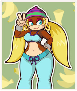 alternative_fashion amekaji anthro banana big_breasts blonde_hair blue_eyes breasts cleavage clothed clothing ear_piercing ear_ring female food fruit fur ganguro_(fashion) gesture gyaru hair hand_gesture hand_on_hip hat headgear headwear hoop_ear_ring j-fashion long_hair midriff piercing plant ring_piercing smile solo standing thick_thighs v_sign wide_hips y2k_(fashion) thisnameistaken donkey_kong_(series) nintendo tiny_kong haplorhine kong mammal monkey primate hi_res