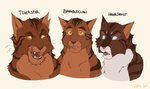 blue_eyes brown_body brown_eyes brown_fur feral fur group licking licking_lips looking_at_viewer looking_away male notched_ear open_mouth simple_background stripes teeth tongue tongue_out white_background white_body atta_catto conditional_dnp warriors_(book_series) brambleclaw_(warriors) hawkfrost_(warriors) tigerstar_(the_prophecies_begin) domestic_cat felid feline felis mammal tabby_cat digital_media_(artwork) flat_colors headshot_portrait portrait father_(lore) father_and_child_(lore) father_and_son_(lore) parent_(lore) parent_and_child_(lore) parent_and_son_(lore) son_(lore)