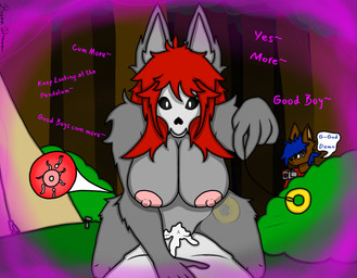 anthro behind_shrub big_breasts bodily_fluids bone breasts camera cowgirl_position cum cum_in_vagina cum_inside dialogue dominant dominant_female female first_person_view forest forest_background from_front_position fur genital_fluids genitals glowing glowing_eyes good_boy grey_body grey_fur group hair hiding hypnosis hypnosis_fetish hypnotized_male hypnotizing_viewer impregnation impregnation_view long_hair looking_at_viewer male male/female mind_control nature nature_background nipples nude on_bottom on_top pendulum pendulum_swing penetration penile penile_penetration pink_nipples plant recording red_hair sex skull skull_head submissive submissive_male text thick_thighs tree trio vulva white_eyes reena_dreamer canid canine canis mammal skulldog_(species) wolf absurd_res english_text hi_res