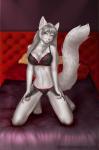 4_toes 5_fingers albino anthro bed biped breasts clothed clothing eyelashes feet female fingers fluffy fluffy_tail fur furniture hair kneeling lingerie midriff navel solo tail toes weissklaue white_body white_fur white_hair white_nose wide_hips yellow_eyes etskuni inora_weissklaue canid canine canis mammal wolf 2015 adobe_photoshop_(artwork) digital_media_(artwork) hi_res paint_tool_sai_(artwork)