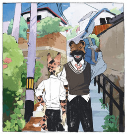 annoyed anthro bag black_markings brown_body brown_fur clothing collared_shirt duo fur kemono male male/male markings multicolored_body multicolored_fur necktie orange_body orange_fur outside satchel school_uniform shirt spots spotted_body spotted_fur student sweater sweater_vest tail topwear two_tone_body two_tone_fur uniform vest p0ag5jtekl42868 african_wild_dog canid canine felid feline mammal serval hi_res