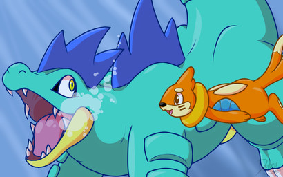 armor back_spikes blue_body body_armor bubble countershade_face countershade_jaw countershading feral glistening glistening_tongue head_spikes orange_body pink_tongue sharp_teeth snout spikes spikes_(anatomy) swimming teeth tongue underwater water yellow_eyes drakenknight nintendo pokemon buizel feraligatr generation_2_pokemon generation_4_pokemon pokemon_(species) shiny_pokemon 16:10 signature watermark widescreen