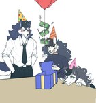 anthro balloon birthday birthday_gift black_sclera blue_eyes blush blush_lines bone box breasts cheek_tuft clothed clothing container disembodied_head eyelashes facial_tuft female fluffy fluffy_tail fur furniture gift_box group hair happy_birthday hat headgear headwear inflatable letter male money necktie party_hat skull skull_head table tail text tuft yellow_eyes tianiseul skull_dog_(tianiseul) canid canine mammal skulldog_(species) english_text hi_res