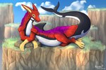 anthro cliff day dorka fluffy fur grass ja'rik landscape_background long_body looking_at_viewer lying male on_side outside plant reclining slightly_chubby solo keymzx cetacean dolphin mammal marine oceanic_dolphin orca toothed_whale zorgoia 2023 3:2 dated digital_media_(artwork)