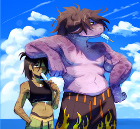 ambiguous_gender anthro arm_on_head brown_hair chest_binder clothing cloud day dessert duo eating female flat_chested food hair hand_in_pocket ice_cream midriff muscular navel one_eye_closed pockets popsicle purple_body purple_scales scales scar sea self-harm_scars size_difference swimwear tongue underwear water thelostmoongazer deltarune male_swimwear_challenge mythology undertale_(series) kris_dreemurr susie_(deltarune) dragon human mammal monster mythological_creature mythological_scalie scalie