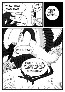 ambiguous_gender black_body black_feathers bodily_fluids dialogue feathers feral jumping simple_background speech_bubble sweat sweatdrop text white_body white_feathers comixqueen akiko_(comixqueen) isuzu_(comixqueen) accipitrid accipitriform avian bird crane_(bird) eagle gruiform grus_(genus) red-crowned_crane sea_eagle steller's_sea_eagle 2025 black_and_white comic english_text hi_res monochrome female_(lore)