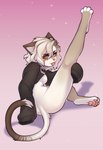 anthro breasts clothed clothing domestic_cat felid feline felis female hair hi_res legs_up looking_at_viewer mammal miut partially_clothed pawpads solo tongue tongue_out