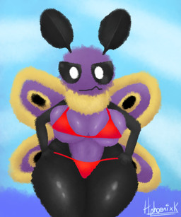 angry antennae_(anatomy) anthro athletic big_breasts bikini bikini_top black_body black_sclera breasts clothing cloud female front_view frown glare hands_on_hips looking_at_viewer markings multicolored_body neck_tuft outside purple_body red_bikini red_clothing red_swimwear scowl sea solo spread_wings swimwear thick_thighs tight_clothing tuft two-piece_swimsuit water white_eyes wide_hips wing_markings wings hphoenixk lavender_(hphoenixk) arthropod insect lepidopteran moth 5:6 absurd_res digital_media_(artwork) digital_painting_(artwork) digital_watercolor_(artwork) hi_res painting_(artwork) watercolor_(artwork)