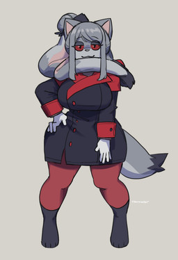 anthro black_clothing black_coat black_topwear button_(fastener) clothing coat female floppy_ears fur grey_body grey_fur grey_hair hair hair_bun hand_on_hip legwear long_hair long_tail looking_at_viewer lop_ears red_clothing red_legwear red_sclera scarf solo tail topwear murninatair jund_(smugjund) canid canine canis hybrid lagomorph leporid mammal rabbit wolf hi_res