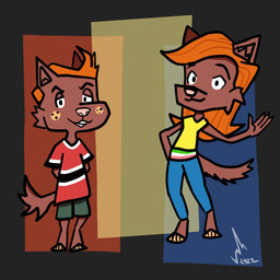 alternate_species anthro anthrofied bangs bottomwear brown_body brown_fur cartoon_freckles clothing denim denim_bottomwear denim_clothing duo facial_tuft female female_anthro freckled_face freckles fur furrification hair jeans male orange_hair pants pink_nose red_clothing red_shirt red_t-shirt red_topwear shirt striped_belt t-shirt topwear tuft young young_anthro sigma-artworks disney the_replacements riley_daring todd_daring canid canine canis mammal wolf 1:1 hi_res