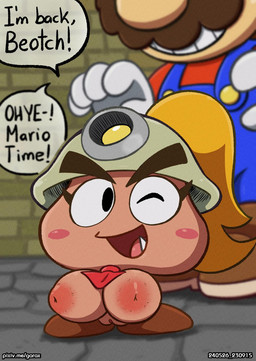 areola big_breasts blonde_hair blush blush_stickers breasts clothing dialogue duo eyelashes female genitals gloves hair handwear hat headgear headwear huge_breasts imminent_rape imminent_sex inverted_nipples long_eyelashes looking_at_viewer male nipples not_furry nude one_eye_closed overalls pink_areola ponytail smile sneaking speech_bubble standing tan_body text vulva wink garabatoz mario_bros nintendo paper_mario goombella mario goomba human mammal 2026 english_text hi_res