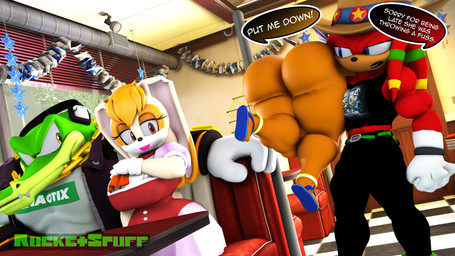 anthro bench big_breasts big_butt breasts butt carrying_another carrying_partner clothing cowboy_hat female fist flip_flops footwear gold_(metal) gold_anklet gold_jewelry group half-closed_eyes hand_on_breast hat headgear headwear huge_butt jewelry male muscular muscular_male narrowed_eyes on_bench sandals shoes shoulder_carry sitting sitting_on_bench speech_bubble standing surprised thick_thighs rocketspuff sega sonic_the_hedgehog_(series) knuckles_the_echidna rouge_the_bat vanilla_the_rabbit vector_the_crocodile bat crocodile crocodilian echidna lagomorph leporid mammal monotreme rabbit reptile scalie 16:9 3d_(artwork) 4k absurd_res digital_media_(artwork) hi_res widescreen