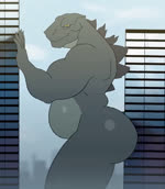 against_building anthro belly belly_overhang bouncing_butt building butt fire fire_from_nose green_body green_skin looking_at_viewer macro male overweight overweight_male scales seductive slightly_chubby smile smiling_at_viewer solo yellow_eyes grossy_vulpen godzilla_(series) toho godzilla animate 2024 animated colored colored_line_art digital_drawing_(artwork) digital_media_(artwork) short_playtime sound webm