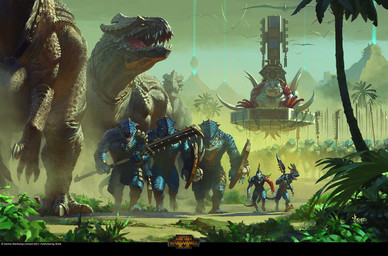 ambiguous_gender anthro army blue_body blue_scales feral forest grass group holding_melee_weapon holding_object holding_shield holding_weapon jungle male melee_weapon mountain muscular muscular_male open_mouth outside palm_tree plant scales shield sitting size_difference smile tail text tree walking weapon bayard_wu total_war:_warhammer warhammer_(franchise) dinosaur lizardman lizardman_(warhammer) prehistoric_species reptile scalie 2017 digital_media_(artwork) english_text official_art