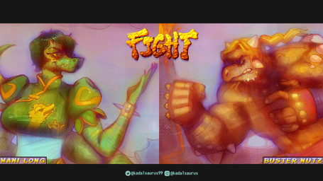 angry anthro big_breasts blonde_hair bracelet breasts clenched_teeth clothed clothed_anthro clothed_female clothing duo female fighting_game fighting_pose fingers fist green_body green_clothing green_hair hair horn humanoid_hands jewelry lava long_hair long_tail male markings muscular muscular_anthro muscular_male non-mammal_breasts orange_body pose short_hair spiked_bracelet spikes spots spotted_markings tail teeth text volcanic_eruption volcano kadalsaurus cavemanon_studios i_wani_hug_that_gator buster_(iwhtg) olivia_halford ankylosaurian ankylosaurid ankylosaurus baryonyx dinosaur ornithischian prehistoric_species reptile saurischian scalie spinosaurid theropod thyreophoran 16:9 artist_name character_name colored english_text hi_res letterbox shaded widescreen