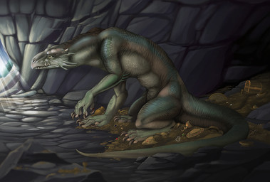 ambiguous_gender cave coin gold_(metal) gold_coin green_body green_scales inside jewelry necklace scales shield solo tail treasure_chest yellow_eyes conditional_dnp tojo_the_thief mythology dragon mythological_creature mythological_scalie scalie