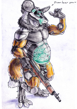 after_vore animal_genitalia anthro balls belly cybernetics genitals machine male pose sheath slightly_chubby solo solo_focus transparent_belly vore weapon anxiousboar african_wild_dog canid canine cyborg mammal synth_(vader-san) absurd_res colored_pencil_(artwork) hi_res traditional_media_(artwork)