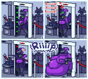 4_panel_comic airport airport_security alarm annoyed anthro beak belly belly_on_ground belly_overhang belly_rolls big_belly big_breasts bottomwear breasts clothed_to_nude clothing clothing_loss compression conveyor_belt crop_top cross-popping_vein deception deep_navel detailed_background embarrassed feathers female frown gate green_sclera huge_belly huge_breasts inside magic magic_collar magic_necklace metal_detector morbidly_obese morbidly_obese_anthro morbidly_obese_female naturally_censored navel nude obese obese_anthro obese_female onomatopoeia overweight overweight_anthro overweight_female purple_body purple_feathers rapid_weight_gain shirt shorts solo sound_effects standing stuck stuck_in_door tearing_clothing text thick_thighs topwear torn_clothing walking wardrobe_malfunction weight_gain wide_eyed wide_hips jellybru bre_mageus alien avian bird 2024 comic digital_media_(artwork) pixel_(artwork) signature