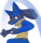 3_fingers ambiguous_anthro ambiguous_gender anthro arms_bent biped black_body black_fur blue_body blue_fur chest_spike closed_frown ears_up fingers fur mouth_closed multicolored_body multicolored_fur neck_tuft pointy_ears pose prick_ears pupils red_eyes scales side_view snout solo spikes spikes_(anatomy) text tongue tongue_out tuft white_pupils yellow_body yellow_fur sabamiso_(sabamasasix) nintendo pokemon canid generation_4_pokemon lucario mammal pokemon_(species) 2018 compression_artifacts digital_media_(artwork) japanese_description portrait shaded three-quarter_portrait translation_request