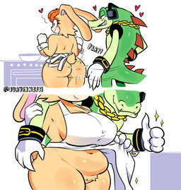 anthro appliance apron apron_only breasts butt butt_slap chain_necklace clothed clothing duo electronics female floating_heart fur gesture gloves green_body green_scales hair hand_gesture handwear headphones heart_symbol jewelry kitchen kitchen_appliance long_ears male male/female necklace oven partially_clothed partially_clothed_anthro partially_clothed_female partially_naked_anthro pubes red_hair scales slap stove teasing thumbs_up yellow_body yellow_fur quavernsfw sega sonic_the_hedgehog_(series) vanilla_the_rabbit vector_the_crocodile crocodile crocodilian lagomorph leporid mammal rabbit reptile scalie comic hi_res
