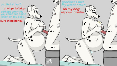 anthro balls big_breasts bodily_fluids breast_play breasts cum dialogue duo female fur genital_fluids genitals male male/female penis pregnant pregnant_anthro pregnant_female profanity sex smile spots tail text titfuck water_breaking white_body white_fur loganhilux34 101_dalmatians disney perdita pongo canid canine canis dalmatian domestic_dog mammal 16:9 comic english_text widescreen