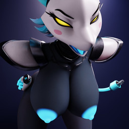 angry anthro big_breasts blue_nipples blue_tail blue_tongue blush blush_stickers breasts disembodied_hand female floating_hands glowing glowing_nipples hands_on_hips leaning leaning_forward looking_at_viewer machine nipples no_pupils open_mouth solo tail tongue wide_hips yellow_eyes echodragon mayosplash_(modeler) deltarune undertale_(series) tasque_manager darkner felid feline mammal robot robot_anthro 1:1 3d_(artwork) digital_media_(artwork)