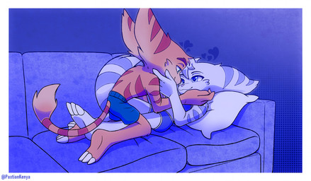 3_toes anthro barefoot blue_eyes bottomwear claws clothed clothing duo eye_contact feet female fur furniture green_eyes hand_on_head looking_at_another male male/female markings midriff paws pillow pink_nose plantigrade ring_(marking) ringed_tail shorts smile sofa soles striped_markings striped_tail stripes tail tail_markings tail_tuft toes topless tuft white_body white_fur yellow_body yellow_fur paxtiankenya ratchet_and_clank sony_corporation sony_interactive_entertainment ratchet_(ratchet_and_clank) rivet_(ratchet_and_clank) lombax mammal hi_res