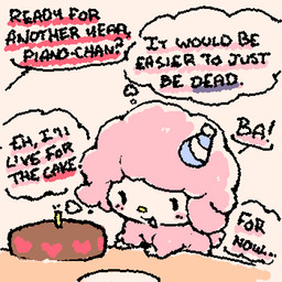 ambiguous_anthro ambiguous_gender animated_gif anthro black_eyes blush cake candle chibi clothing dessert dialogue ellipsis empty_eyes exclamation_point eyelashes food fur hat headgear headwear looking_at_food looking_at_object offscreen_character open_mouth open_smile partial_speech_bubble party_hat pink_blush pink_body pink_fur pink_wool question_mark smile solo squigglevision stylized_empty_eyes text thinking thought_bubble wool_(fur) ligma_(artist) sanrio my_sweet_piano bovid caprine mammal sheep 1:1 2026 2d_animation animated archived_source digital_drawing_(artwork) digital_media_(artwork) english_text handwritten_text short_playtime wigglypaint_(artwork) female_(lore)