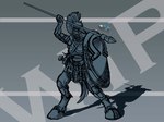 anthro armor cape clothed clothing crest_(heraldry) cuirass fantasy_armor gladius hooves horseshoe lorica_(armor) melee_weapon pauldron polearm shield solo spear symbol tail weapon drqube equid equine horse mammal 2025 4:3 absurd_res hi_res sketch unfinished