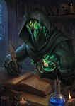 anthro bone claws clothed clothing elemental_manipulation fire fire_manipulation glowing glowing_eyes green_eyes hood loose_feather magic magic_user male quill skull skull_head solo writing_utensil silgiriya_mantsugosi dungeons_and_dragons hasbro wizards_of_the_coast avian kenku lich undead absurd_res hi_res
