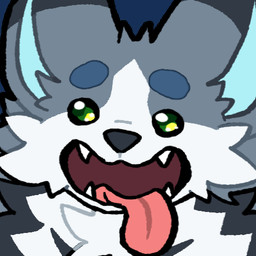 ambiguous_gender blue_body blue_fur breath dot_eyes emote fangs feral fur grey_body grey_fur happy panting simple_eyes solo teeth tongue tongue_out blitzdrachin conditional_dnp canid canine canis mammal wolf low_res