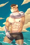 abs anthro bulge claws clothing cloud day eyebrows hair male muscular muscular_anthro muscular_male navel nipples obliques outside partially_submerged pecs pose scales sky solo standing underwear water rsotart mythology chimera dragon felid hybrid lion mammal mythological_creature mythological_scalie pantherine scalie 2021 absurd_res hi_res