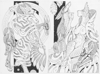 4_fingers ambiguous_feral ambiguous_gender anthro breasts claws clothed clothing dress ear_frill female female_anthro feral finger_claws finger_under_chin fingers frill_(anatomy) fur group holding_fan looking_at_another looking_at_viewer looking_back looking_back_at_viewer machine multi_nipple nipples open_clothing paws pose solo_focus space stripes text toe_claws translucent translucent_clothing translucent_dress trio two_panel_image whisker_spots conditional_dnp loupgarou felid kzinti mammal robot robot_feral hi_res monochrome pinup signature traditional_media_(artwork) url