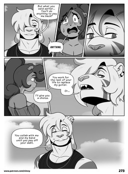 anthro bodily_fluids clothed clothing dialogue duo eyes_closed female front_view hair male open_mouth piercing pupils side_view smile speech_bubble sweat text topwear nimzy noms_(nimzy) tobi_(nimzy) cricetid felid hamster hybrid liger mammal pantherine rodent comic english_text hi_res monochrome url