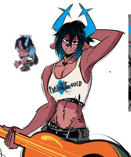 2_horns acoustic_guitar anthro antlers black_bottomwear black_clothing black_pants blue_antlers blue_hair bottomwear brand_parody brown_body brown_fur clothed clothing female freckles fur guitar hair hand_behind_head holding_guitar holding_musical_instrument holding_object horn jewelry musical_instrument pants pendant plucked_string_instrument simple_background solo string_instrument text tomboy topwear white_background white_clothing white_topwear minusnichi deltarune nike pierce_the_veil undertale_(series) dess_holiday deer mammal new_world_deer reindeer 2025 english_text hi_res