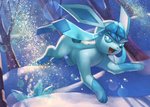 ambiguous_gender blue_body blue_eyes feral ice open_mouth open_smile plant smile snow solo tree supearibu nintendo pokemon eeveelution generation_4_pokemon glaceon pokemon_(species) 2020