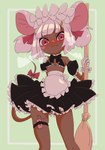 accessory anthro blush blush_stickers bodily_fluids bottomwear broom cleaning_tool clothing dark_body dark_skin female flat_chested furgonomics hair hair_accessory hairclip maid_headdress maid_uniform mouse_ears mouse_tail pink_eyes ribbons sex_toy skirt solo sweat sweatdrop tail tail_accessory tail_ribbon twintails_(hairstyle) uniform vibrator white_hair rakuda0330 mammal mouse murid murine rodent absurd_res hi_res