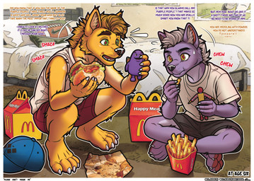 4_toes anthro barefoot bed bottomwear burger claws clothing crouching eyebrows fangs feet food furniture green_eyes hat headgear headwear male male/male mascot open_mouth pants pawpads paws pink_pawpads purple_body shirt sitting tank_top teeth text toe_claws toes tongue topwear toy yellow_eyes young young_anthro young_male cl.rudolph mcdonald's mythology nike garth_mentzel_monroe grimace_(mcdonald's) ronald_mcdonald canid canine mammal mythological_canine mythological_creature werecanid werecanine werecreature werewolf absurd_res english_text hi_res