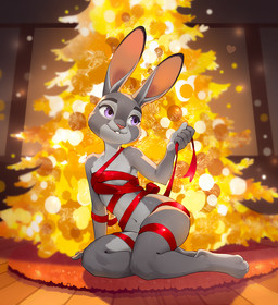 anthro bdsm bondage bound buckteeth christmas_tree female female_anthro fur gift_wrapping grey_body grey_fur holidays multicolored_body multicolored_fur navel nude nude_anthro nude_female plant purple_eyes red_ribbon ribbon_bondage ribbons solo teeth tree two_tone_body two_tone_fur wrapping trulya christmas disney zootopia judy_hopps european_rabbit lagomorph leporid mammal oryctolagus rabbit 2025 digital_media_(artwork)