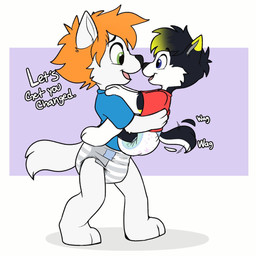 anthro black_body black_fur black_hair blue_clothing blue_eyes blue_shirt blue_topwear carrying_another carrying_baby clean_diaper clothed clothing dialogue diaper dipstick_ears dipstick_hair duo ear_markings eye_contact fur green_eyes hair looking_at_another male markings multicolored_body multicolored_ears multicolored_fur neonate nuzzling open_mouth open_smile orange_hair pantsless red_clothing red_shirt red_topwear shirt side_view smile tail tail_motion tailwag text toddler tongue topwear two_tone_body two_tone_fur walking white_body white_fur young baltnwolf rebel_(s_c_rebel) snackie canid canine canis domestic_dog husky mammal nordic_sled_dog spitz wolf 1:1 english_text hi_res