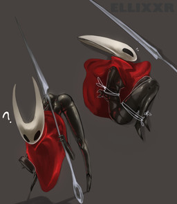 anthro ass_up black_body black_eyes bound butt cloak cloak_only clothing empty_eyes female front_view grey_background holding_object holding_weapon lying on_side question_mark red_cloak red_clothing simple_background solo thick_thighs weapon white_body wide_hips ellixxr hollow_knight_(franchise) team_cherry hornet_(hollow_knight) arthropod insect hi_res