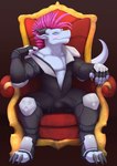 anthro balls blush bulge chair clothed clothing erection furniture genitals horn male mohawk muscular pecs solo throne undressing knuciuc mythology rangstrom dragon mythological_creature mythological_scalie scalie hi_res