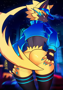 anthro anthrofied barely_visible_genitalia barely_visible_vulva big_breasts big_butt biped breasts butt close-up clothing cyberpunk female female_anthro genitals gloves handwear hat headgear headwear jacket legwear looking_back pokemorph rear_view smile smirk solo spread_butt spreading stockings thick_thighs thigh_highs topwear under_boob visor visor_cap vulva revkoen nintendo pokemon felid feline generation_7_pokemon legendary_pokemon mammal pokemon_(species) zeraora hi_res watermark