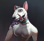 absurd_res anthro brown_eyes bull_terrier canid canine canis collar domestic_dog fur grey_body grey_fur hi_res hunting_dog lazlo_(lazlomirk) looking_at_viewer male mammal multicolored_body multicolored_fur napalm_express open_mouth solo teeth tentacles terrier tongue two_tone_body two_tone_fur white_body white_fur