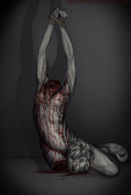 anthro arms_tied bdsm black_body black_fur blood bodily_fluids bondage bound cheek_piercing death decapitation ear_piercing facial_piercing fur gore grey_body grey_fur hair lip_piercing male piercing solo schiavonesca cryotaiga hi_res