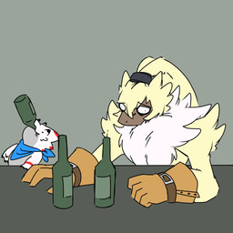 alcohol anthro beverage clothing despair drinking drunk duo fur gloves handwear horn humor long_ears male orange_eyes ponytail_ears shirtless small_waist substance_intoxication yellow_body yellow_fur roadkilledizzy bandai_namco digimon digimon_ghost_game digimon_(species) gammamon lagomorph leporid mammal rabbit symbareangoramon 1:1 hi_res